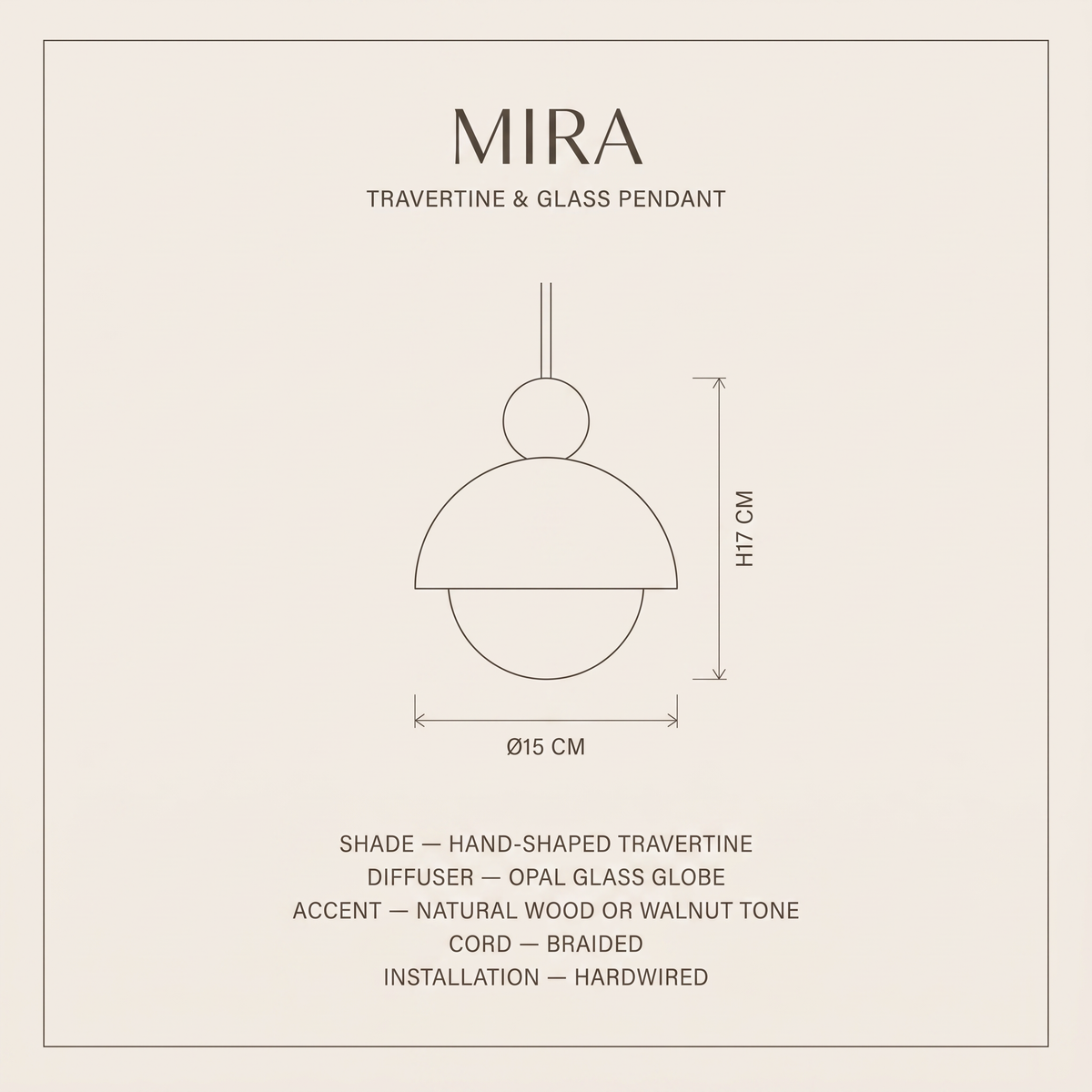 Mira Travertine & Glass Pendant dimensions and specification sheet