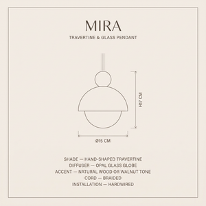 Mira Travertine & Glass Pendant dimensions and specification sheet