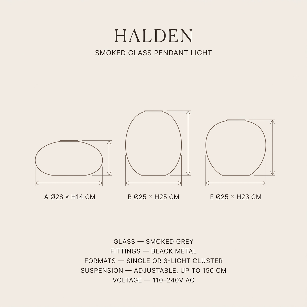 Halden Smoked Glass Pendant – Dimensions