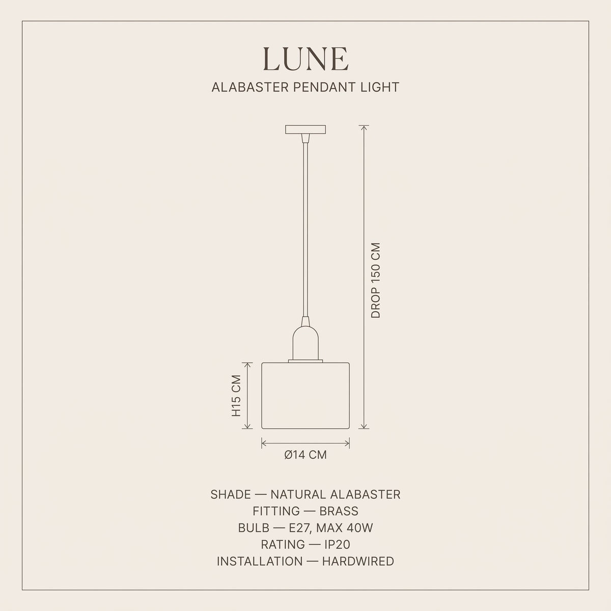 Lune Alabaster Pendant Light dimensions and specification sheet