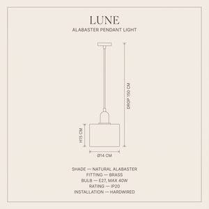 Lune Alabaster Pendant Light dimensions and specification sheet