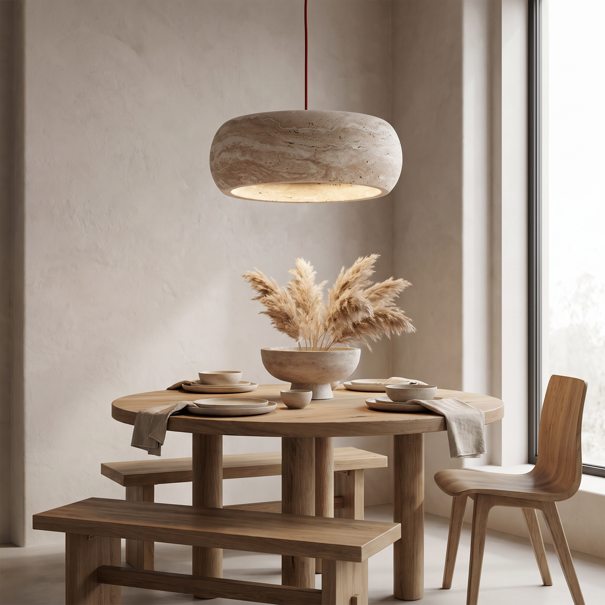 Rounded Kairi travertine pendant in a styled dining space