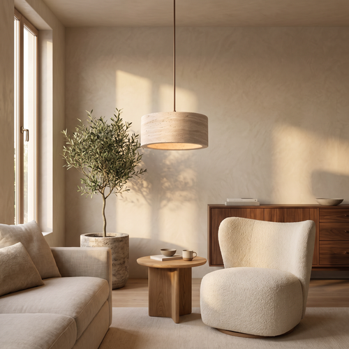Kairi Travertine Pendant Light in a Japandi living room