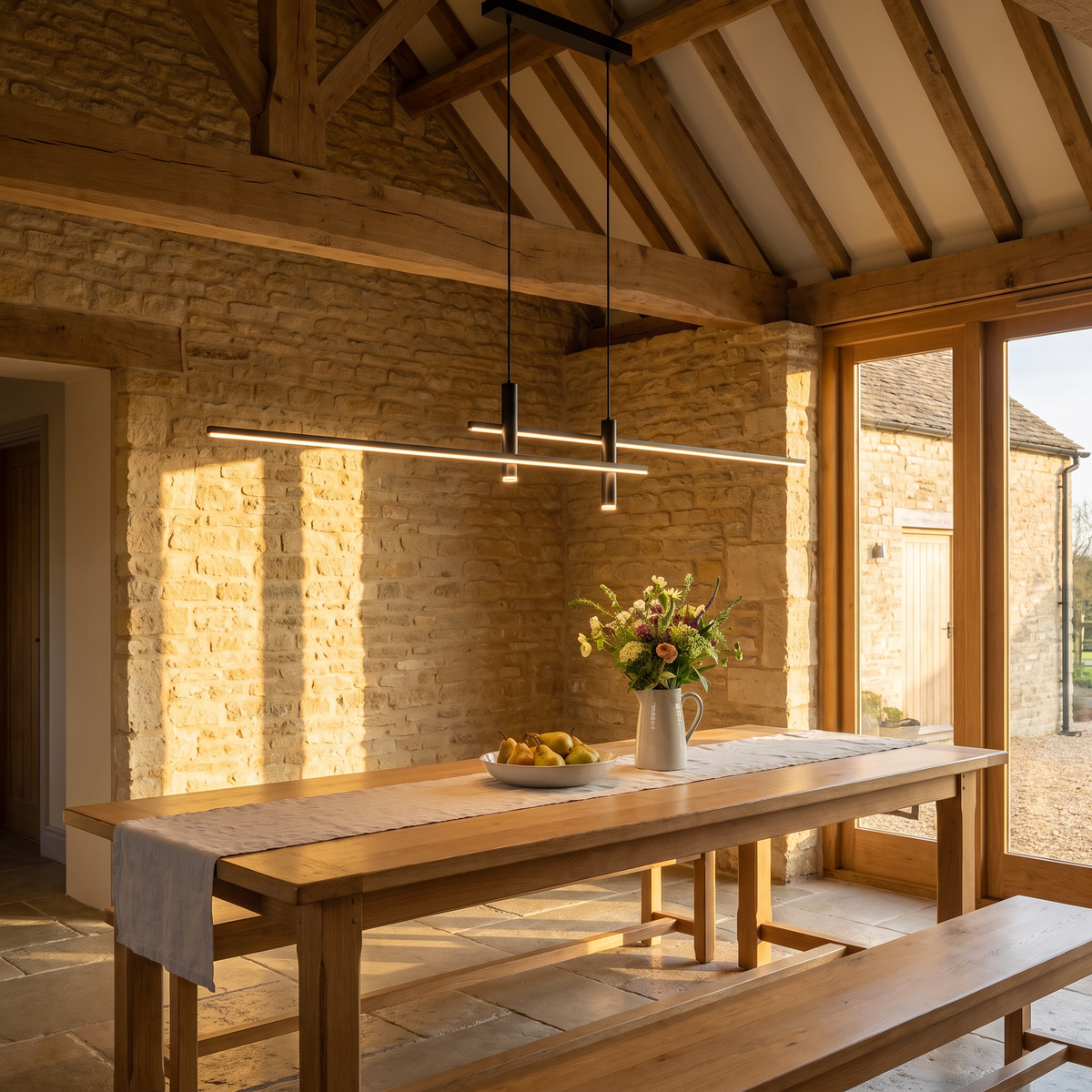 Arden Linear LED Pendant over a refectory table in a Cotswold barn