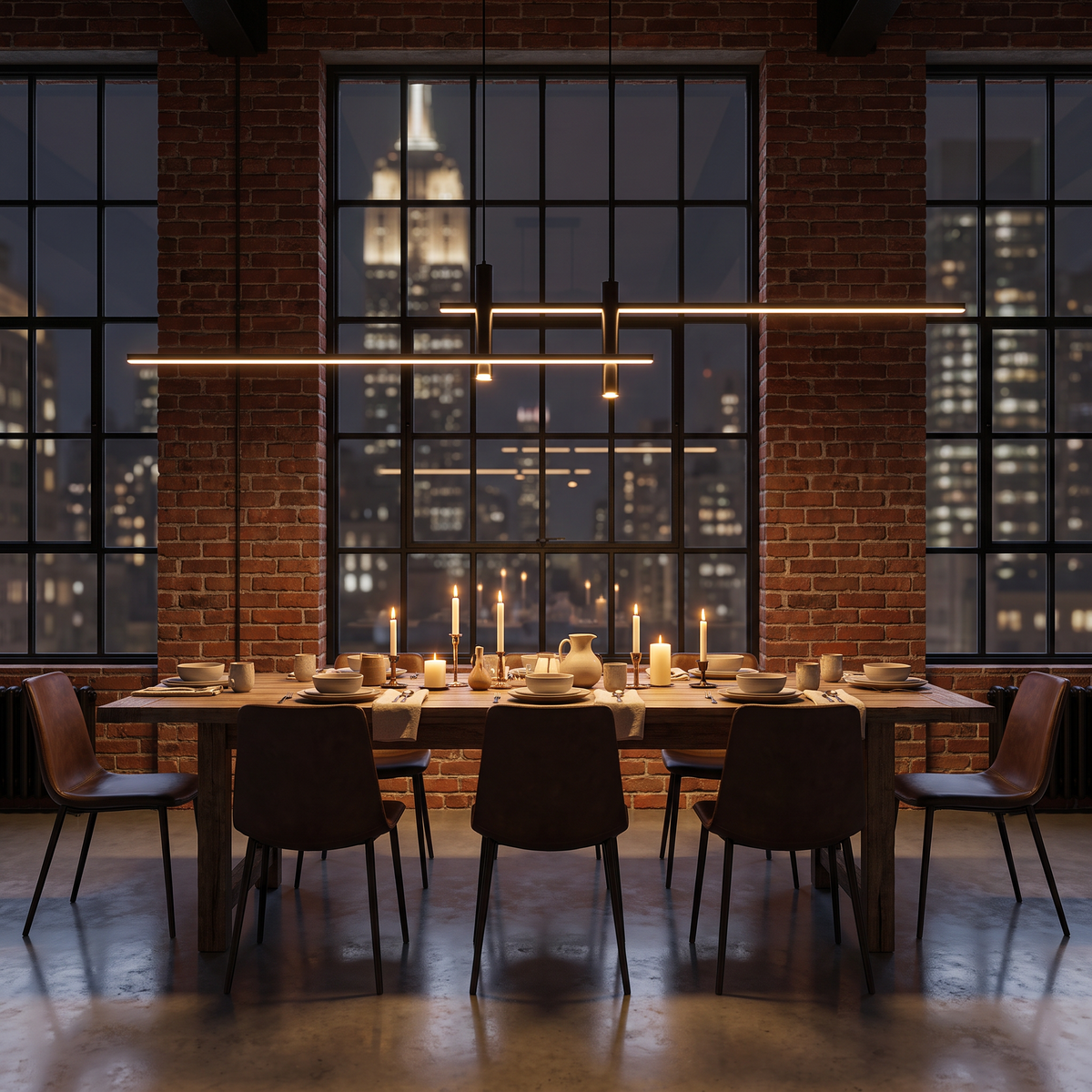 Arden Linear LED Pendant over a dining table in an industrial loft