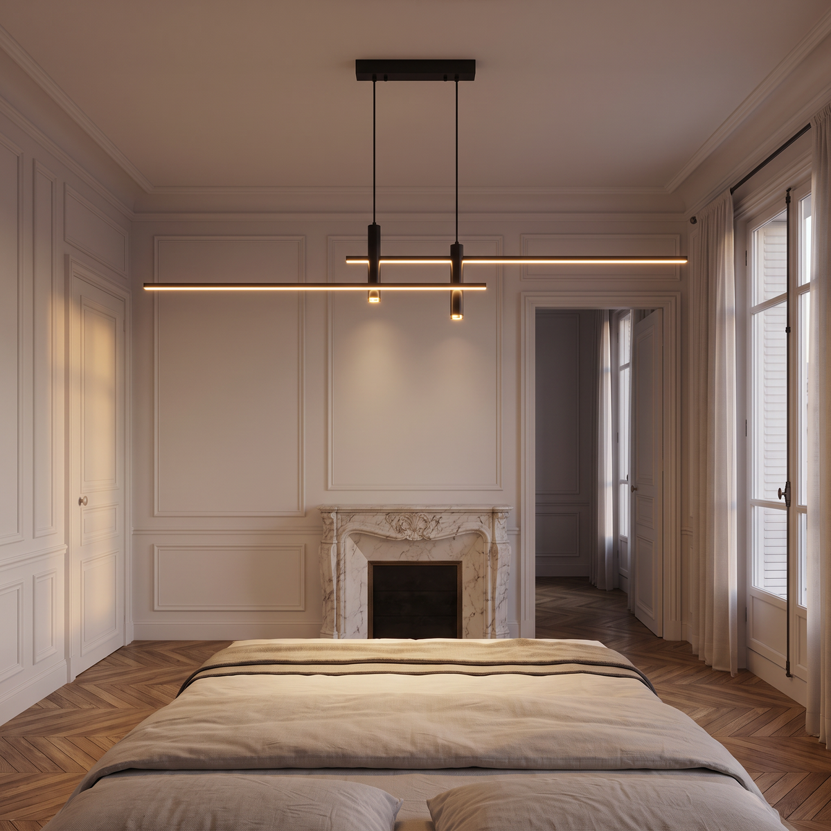 Arden Linear LED Pendant in a Parisian apartment bedroom