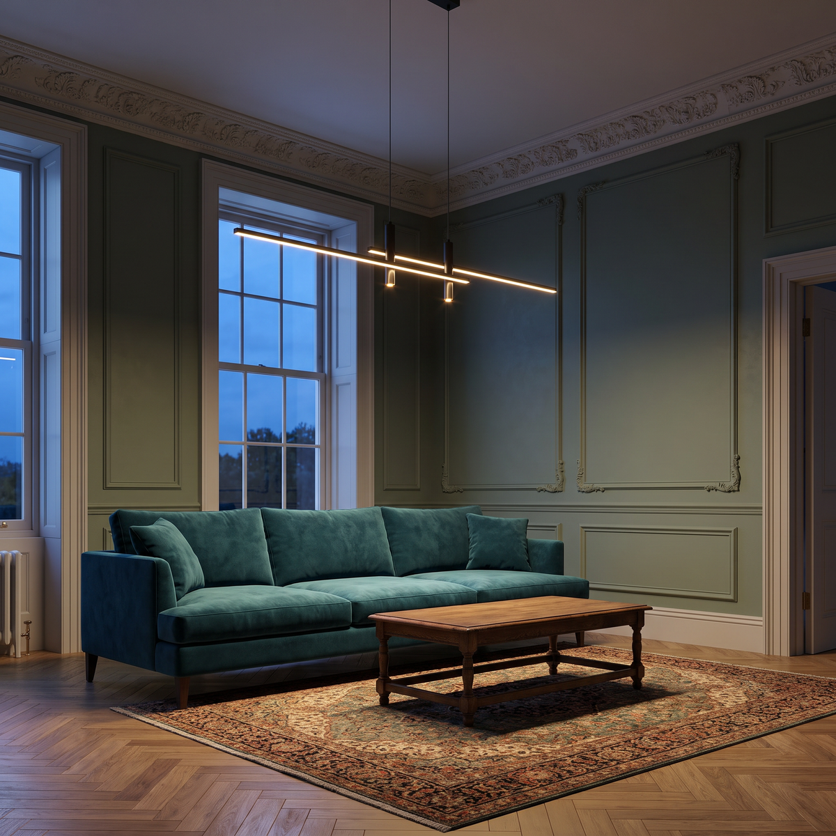 Arden Linear LED Pendant in a Georgian townhouse living room