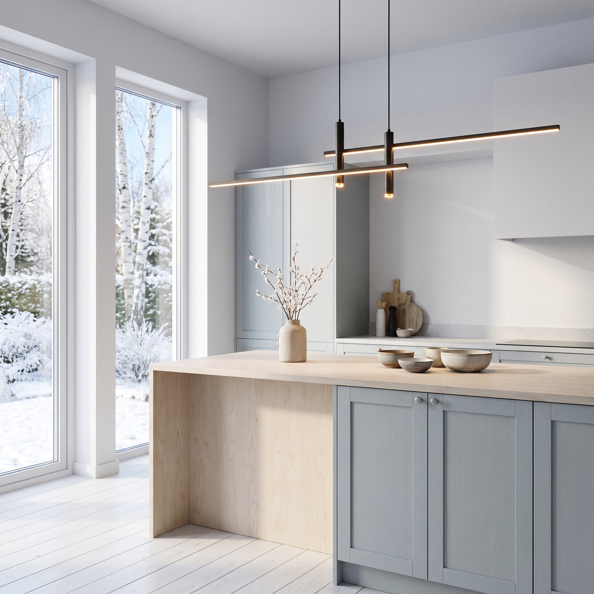 Arden Linear LED Pendant over a kitchen island in a Scandinavian home