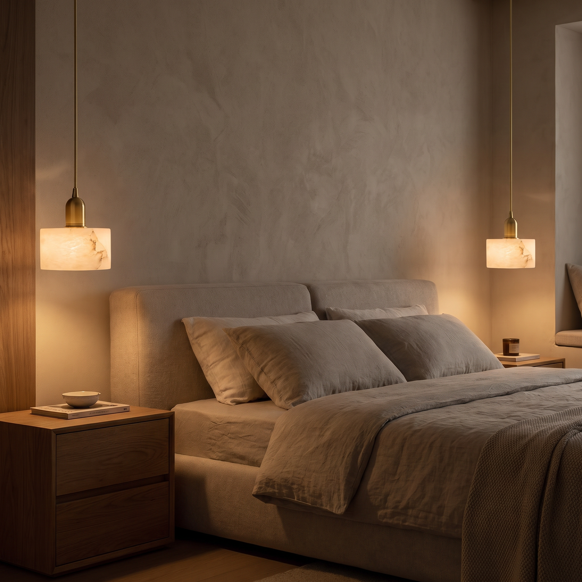Lune Alabaster Pendant Light as a bedroom pendant light in a calm interior