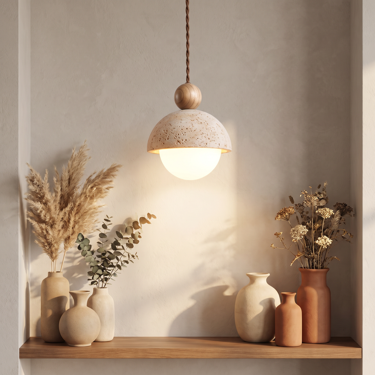 Mira Travertine & Glass Pendant in a Scandinavian styled interior
