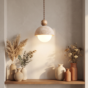 Mira Travertine & Glass Pendant in a Scandinavian styled interior