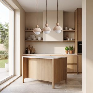 Mira Travertine & Glass Pendant in natural daylight, modern pendant light
