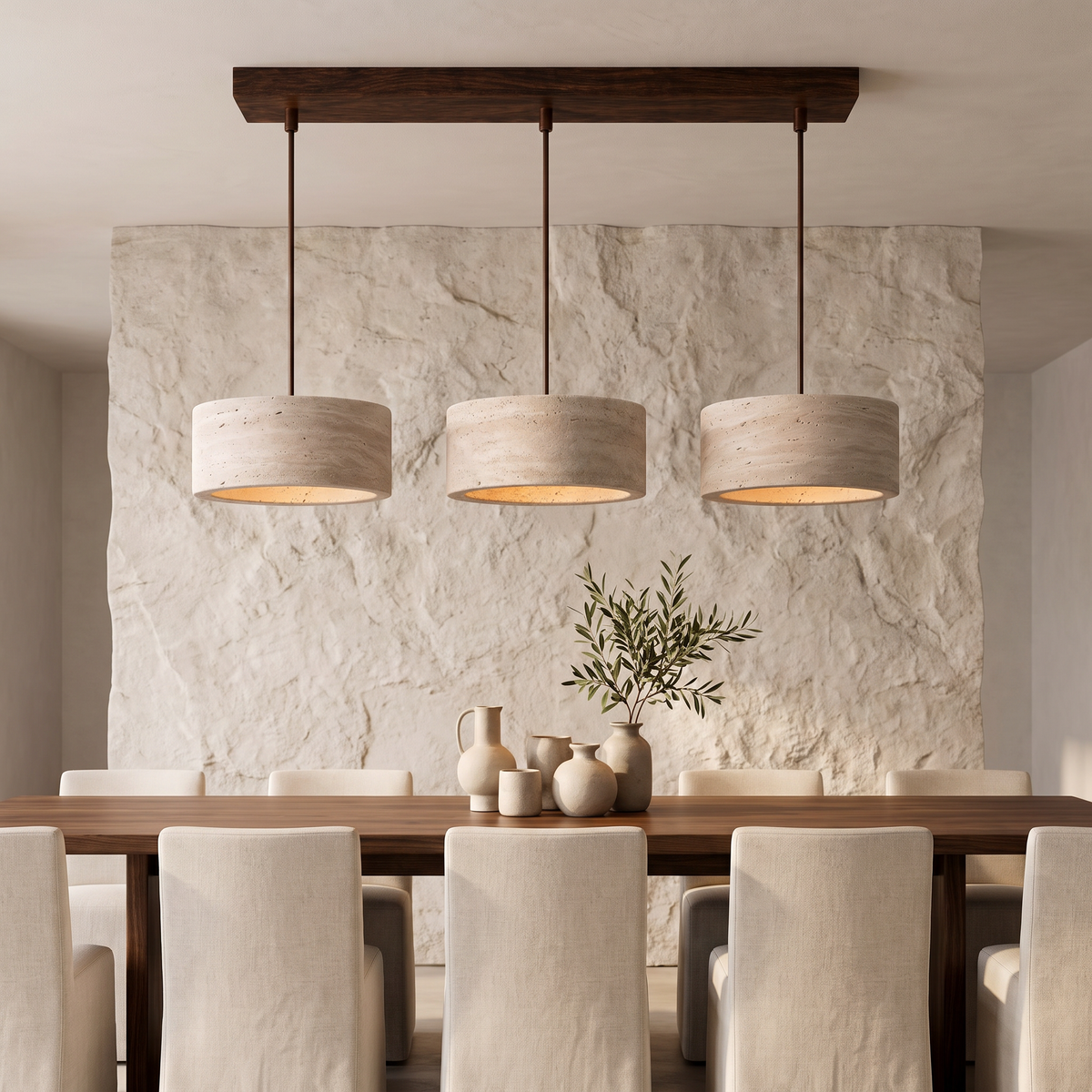 Kairi three-light travertine pendant with walnut bar above a dining table