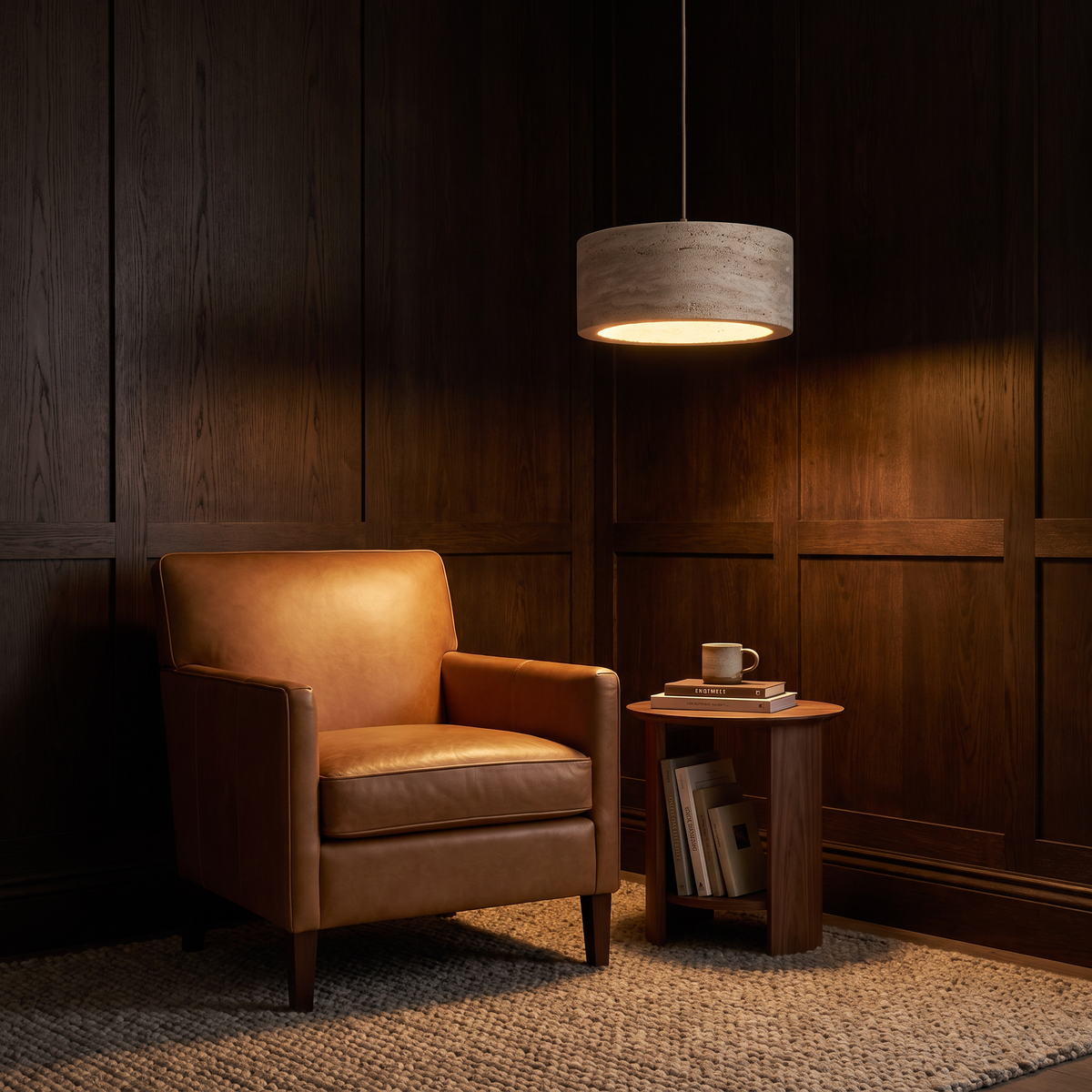 Kairi Travertine Pendant Light glowing in the evening