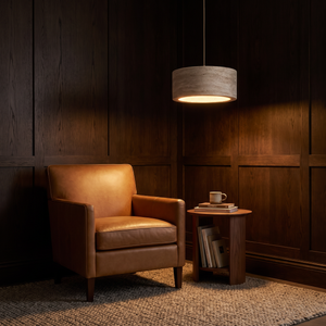 Kairi Travertine Pendant Light glowing in the evening